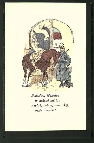Künstler-AK sign. Mikolas Ales: Polnischer Kavallerist mit seinem Pferd