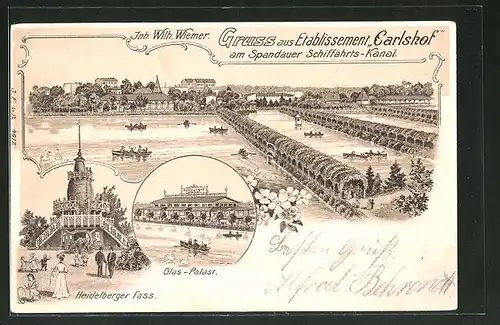 Lithographie Berlin-Charlottenburg, Gastst. "Carlshof" a. Spandauer Schiffahrts-Kanal, Glas-Palast u. Heidelberger Fass