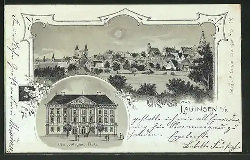 Mondschein-Lithographie Lauingen, Rathaus am Albertus Magnus Platz, Ortsansicht