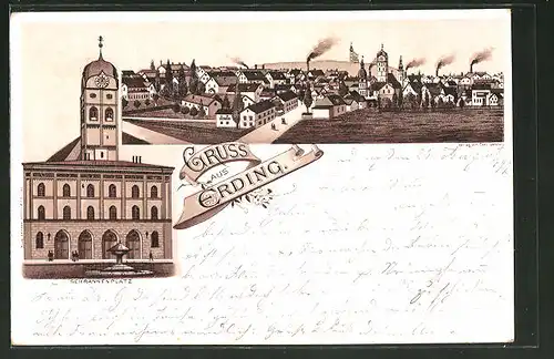 Lithographie Erding, Schrannenplatz mit Rathaus, Ortsansicht