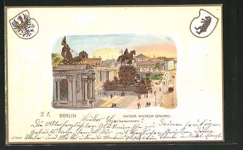 Passepartout-Lithographie Berlin, Kaiser Wilhelm Denkmal, Wappen