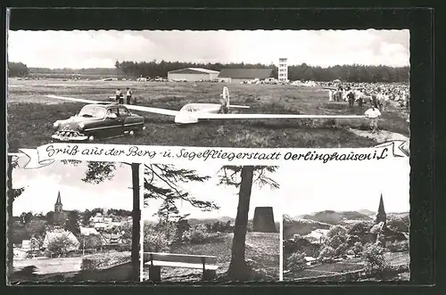 AK Oerlinghausen, Segelflugzeug auf dem Flugplatz, Ortsansicht