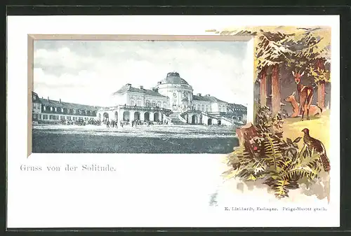 Passepartout-Lithographie Stuttgart, Schloss Solitude, Passepartout mit Rehen