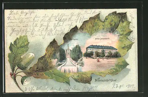 Passepartout-Lithographie Kassel, Wilhelmshöhe, Hotel Schombardt, Eichenblatt