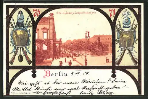 Lithographie Berlin, Unter den Linden, Ortspartie-Rahmen mit Brustharnisch