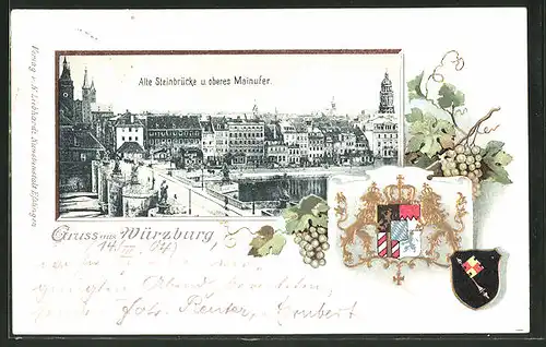 Passepartout-Lithographie Würzburg, Alte Steinbrücke, Wein, Wappen