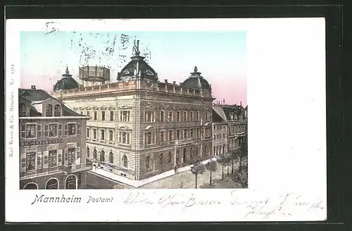 Goldfenster-AK Mannheim, Postamt mit leuchtenden Fenstern