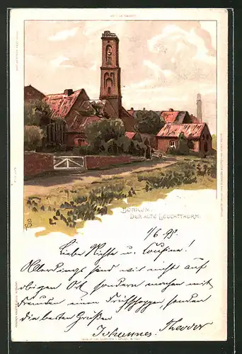 Künstler-Lithographie Carl Biese: Borkum, der Alte Leuchtthurm