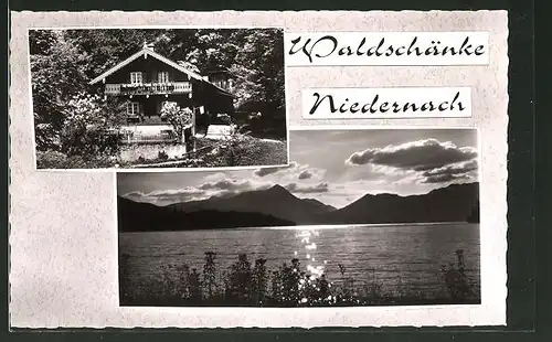 AK Jachenau, Waldschänke Niedernach, Blick auf Walchensee