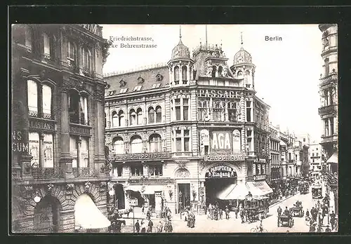 AK Berlin, Friedrichstrasse-Ecke Behrenstrasse, Geschäfte