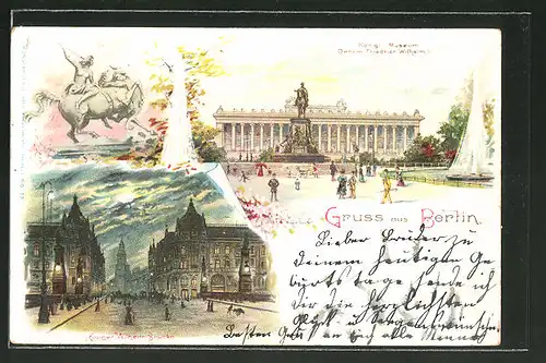 Lithographie Berlin, Kgl. Museum, Denkmal Friedrich Wilhelm III., Kaiser Wilhelm Brücke, Kaiser Wilhelm Strasse