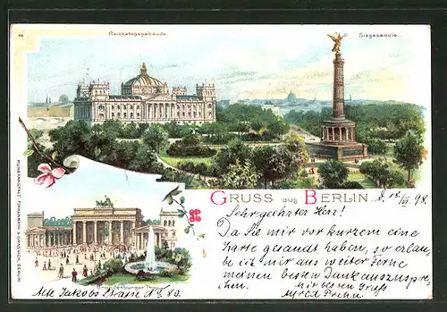 Lithographie Berlin-Tiergarten, Siegessäule, Reichstagsgebäude, Brandenburger Tor