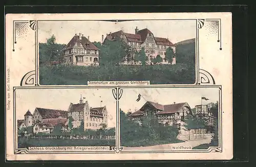 AK Glücksburg, Sanatorium am grossen Gleichberg, Schloss mit Kriegerwaisenhaus, Waldhaus