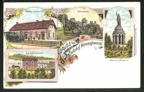 Lithographie Himmighausen, Bahnhof, Hermanns-Denkmal, Externsteine