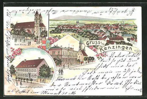 Lithographie Kenzingen, Totalansicht, Amtsgericht & Evang. Kirche, Haushaltungsschule, Kath. Kirche