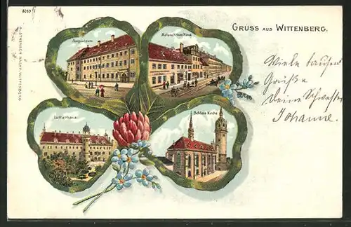 Glitzer-Passepartout-Lithographie Wittenberg, Lutherhaus, Augusteum, Melanchthonhaus, Schlosskirche