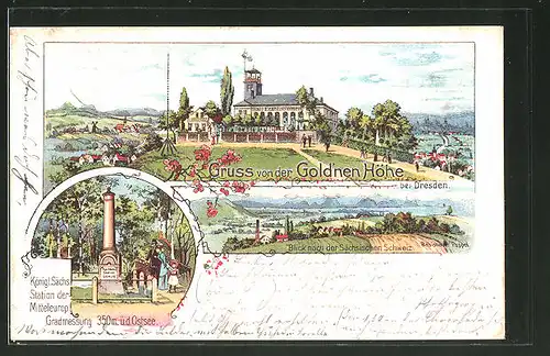 Lithographie Hainichen, Blick zum Gasthaus an der "Gold'nen Höhe" mit Gradmesser & Panoramablick