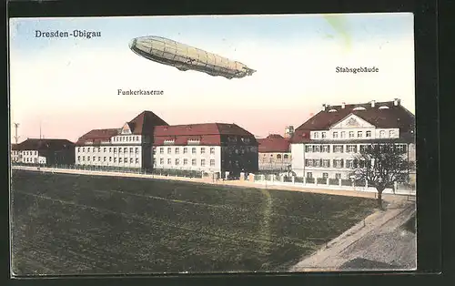 AK Dresden-Übigau, Zeppelin über der Funkerkaserne und Stabsgebäude