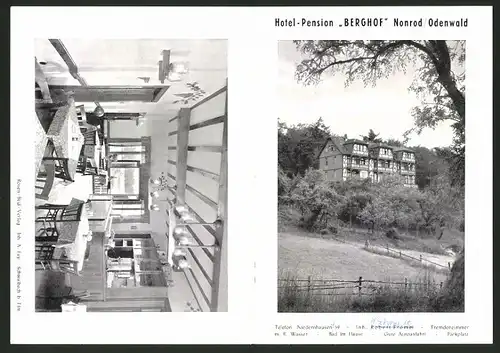 Werbebillet Nonrod / Odenwald, Hotel-Pension Berghof, Hotelgebäude Innen - & Aussenansicht