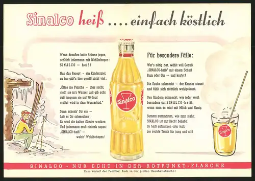 Werbebillet Sinalco - Limonade, als Kalt - & Heissgetränk, Schneemann in verschneiter Landschaft, Flasche Sinalco