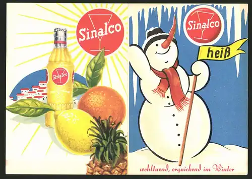 Werbebillet Sinalco - Limonade, als Kalt - & Heissgetränk, Schneemann in verschneiter Landschaft, Flasche Sinalco