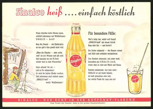 Werbebillet Sinalco - Limonade, als Kalt - & Heissgetränk, Schneemann in verschneiter Landschaft, Flasche Sinalco