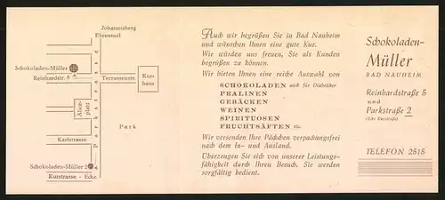 Werbebillet Bad Nauheim, Schokoladen Müller, Reinhardstrasse & Parkstrsse 2, Umgebungskarte