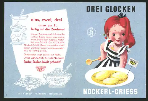 Werbebillet Weinheim / Bergstrasse, Drei Glocken Nudelfabrik, Nockerl-Griess, Mädchen & Teller Nockerl-Griess