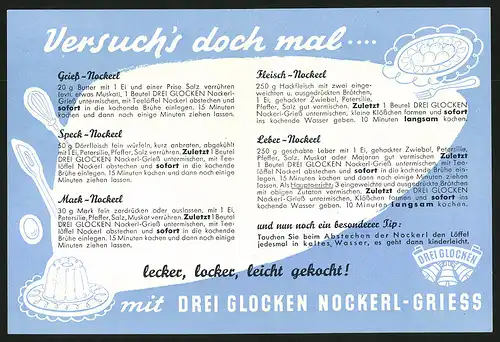 Werbebillet Weinheim / Bergstrasse, Drei Glocken Nudelfabrik, Nockerl-Griess, Mädchen & Teller Nockerl-Griess
