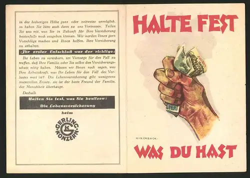 Werbebillet Köln, Gerling Lebensversicherung, Halte Fest Was Du Hast, Hand mit Reichsbanknoten, Entwurf: Kirchbach