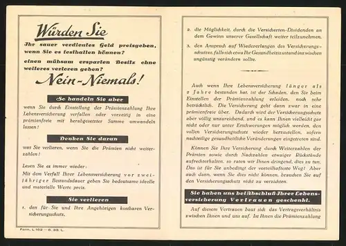 Werbebillet Köln, Gerling Lebensversicherung, Halte Fest Was Du Hast, Hand mit Reichsbanknoten, Entwurf: Kirchbach