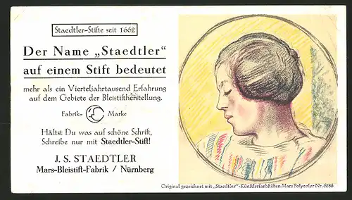 Werbebillet Nürnberg, J. S. Staedtler Mars-Bleistift-Fabrik, Frauen-Portrait gezeichnet mit Mars Polycoloer Nr. 6886