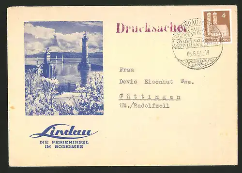Dekorativer Brief Lindau / Bodensee, Leuchtturm & Hafeneinfahrt, rückseitig Fleurop-Reklame