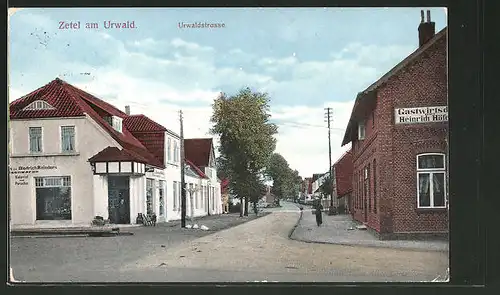 AK Zetel, Urwaldstrasse mit Gasthaus Heinrich Höfers & Kolonialwaren Diedrich Reinders