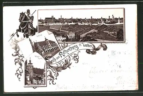 Vorläufer-Lithographie Rothenburg o. Tauber, 1893, Rathaus, Weisser Thurm, Panoramablick auf die Stadt