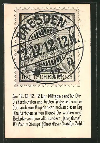 AK Dresden, Besonderes Datum 12.12.1912, Briefmarke mit Stempel