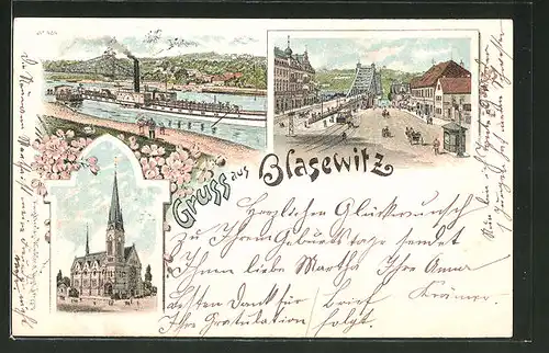 Lithographie Dresden-Blasewitz, Dampfer am Anleger, Kirche, Strassenpartie am "Blauen Wunder"