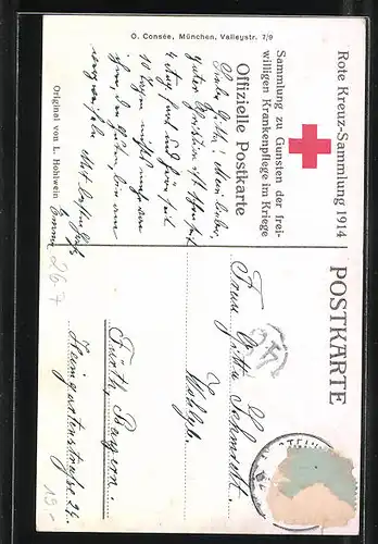 Künstler-AK Ludwig Hohlwein: Rote Kreuz-Sammlung 1914 zugunsten der freiwilligen Krankenpflege, Verwundeter Soldat