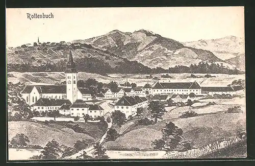 AK Rottenbuch, Panorama mit Kirche und Gebirge