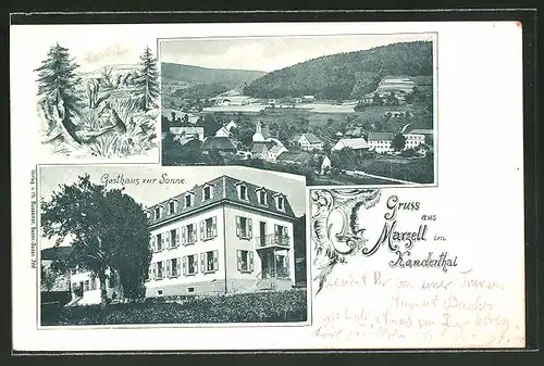 Lithographie Marzell i. Kanderthal, Ortsansicht aus der Vogelschau, Gasthaus zur Sonne