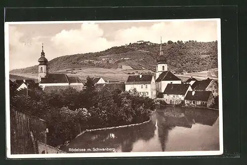 AK Rödelsee, Teilansicht mit Kirchen und Blick zum Schwanberg
