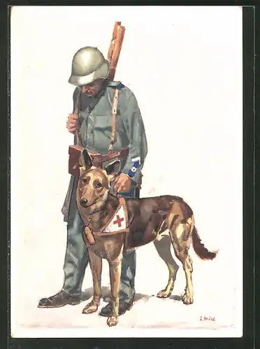 Künstler-AK Bundesfeier 1937, Für das schweizerische Rote Kreuz, Hundeführer mit Sanitätshund