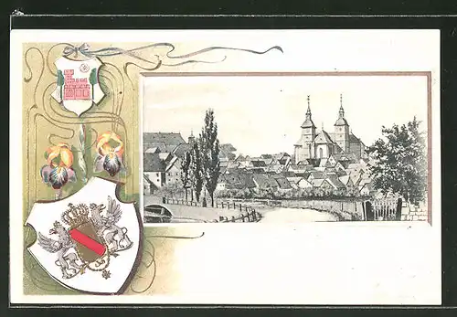 Passepartout-Lithographie Walldürn, Panorama und Wappen