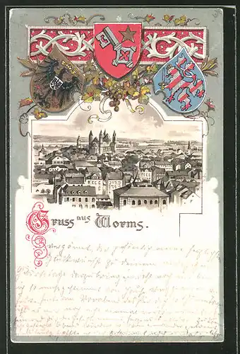 Passepartout-Lithographie Worms, Panorama und drei Wappen