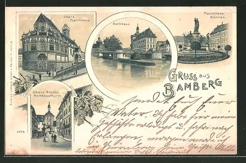 Lithographie Bamberg, obere Pfarrkirche, Rathaus, Maximilians Brunnen, obere Brücke, Rathausthurm