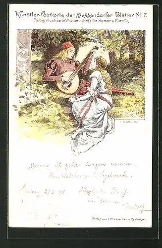 Künstler-Lithographie Meggendorfer Blätter Nr. 7: Minnesänger und Maid, Mittelalter