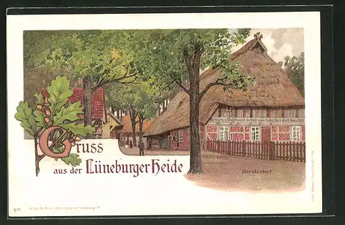Lithographie Hiesterhof, Altes Bauernhaus mit Reetdach