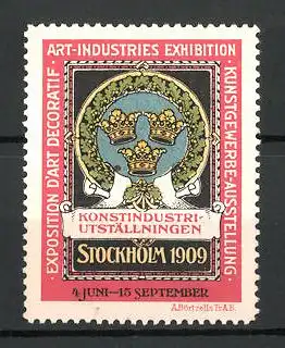 Reklamemarke Stockholm, Kunstgewerbe-Ausstellung 1909, Kronen und Ehrenkranz