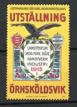 Reklamemarke Örnsköldsvik, Utställning Landtbruk-Industri" 1915, Adler mit Wappen