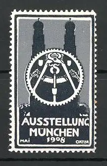 Reklamemarke München, Ausstellung 108, Frauenkirche und Messelogo, grau